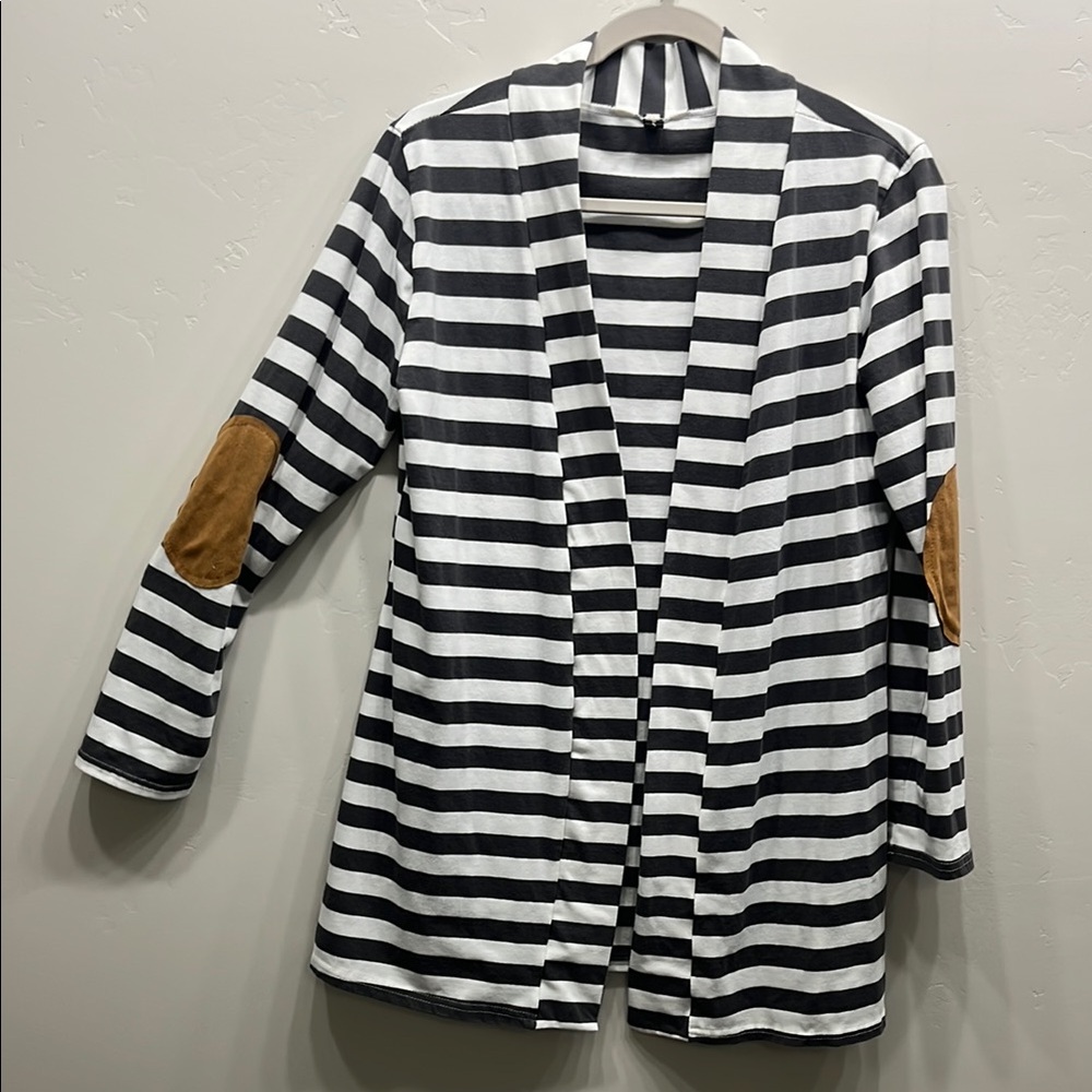 Striped Black and White Cardigan with Tan Elbow Patches